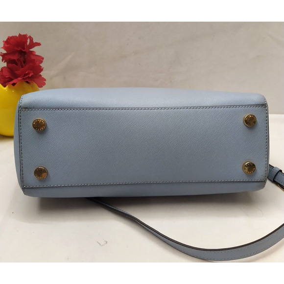 Michael Kors Blue Crossgrain Leather Carryall Double Handle Zipper Satchel Bag - Picture 8 of 16